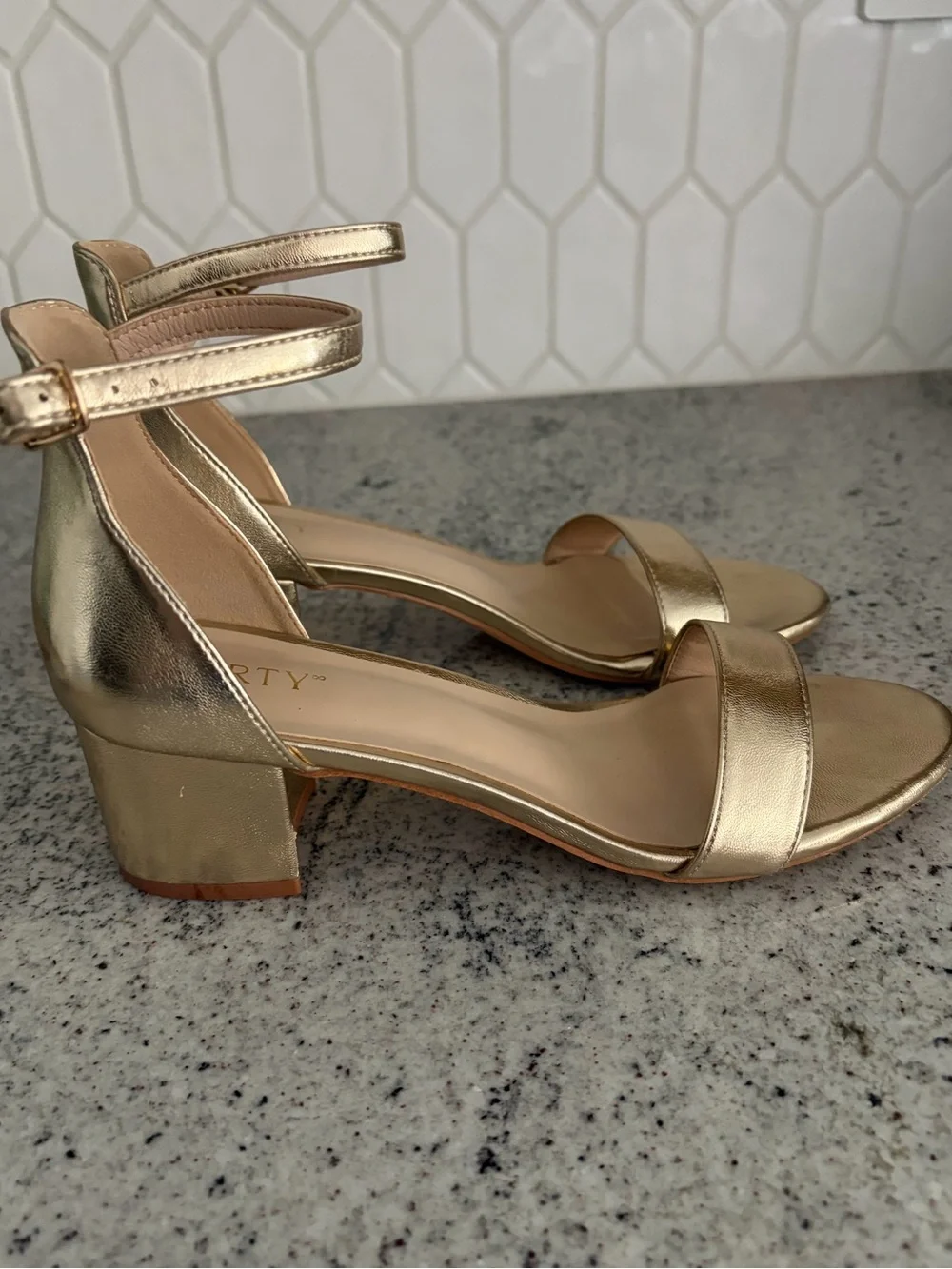 Metallic Gold Ankle-Strap Block Heel Sandals